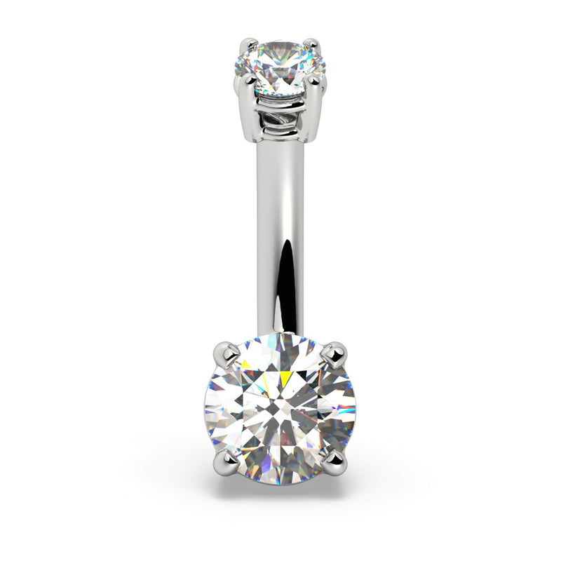 14k white gold diamond belly ring with 5mm round bottom diamond and 3mm top stone, front view