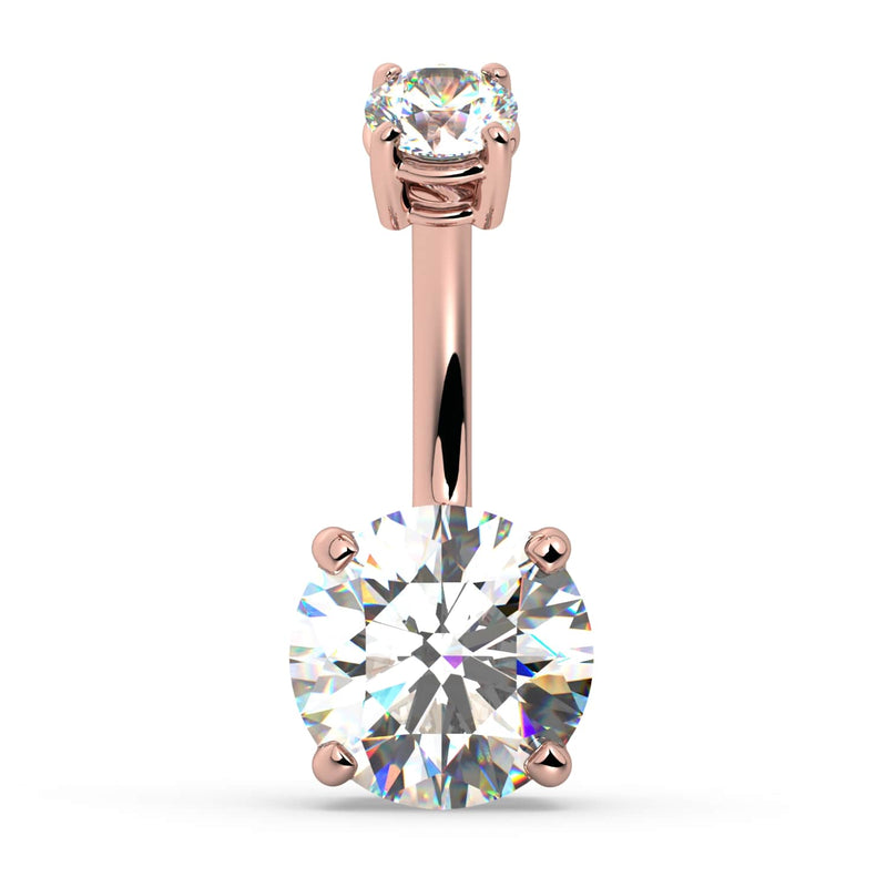 14k rose gold 2.25 CTW diamond navel ring, front view with round brilliant diamonds top and bottom