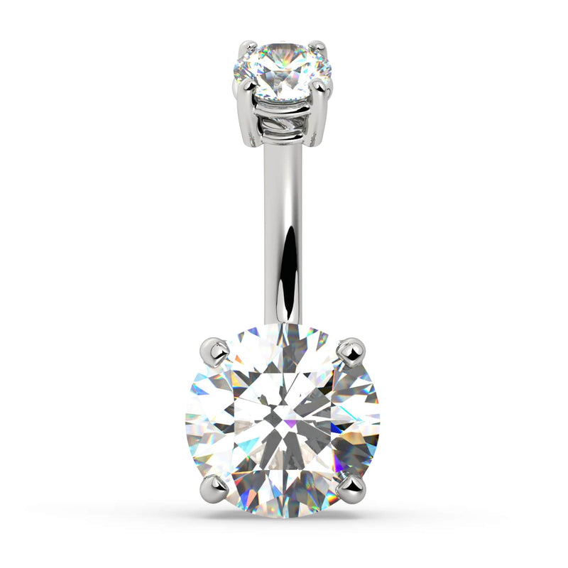 14k white gold 2.25 CTW diamond belly ring, front view with 8mm round brilliant bottom stone