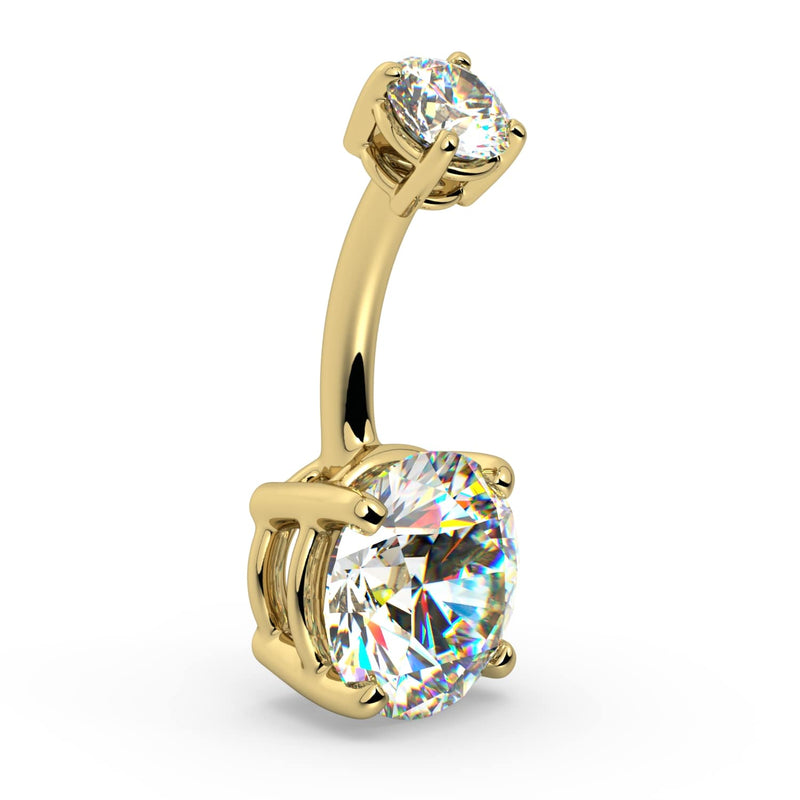 14k yellow gold 2.25 CTW diamond navel ring, angled side view showing curved barbell profile