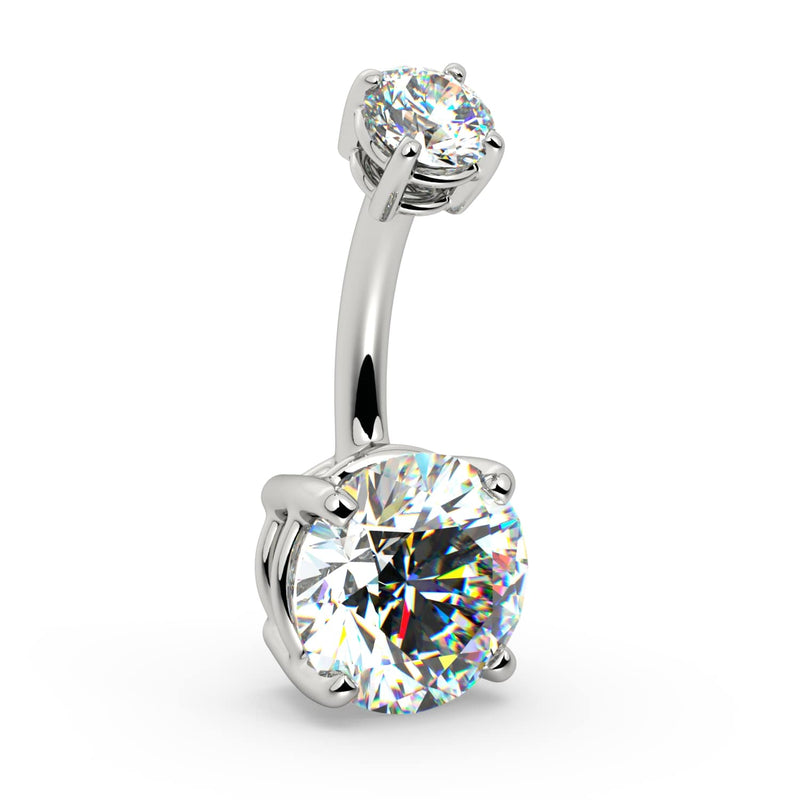 14k white gold 2.25 CTW diamond belly ring, angled view revealing prong setting and barbell curve