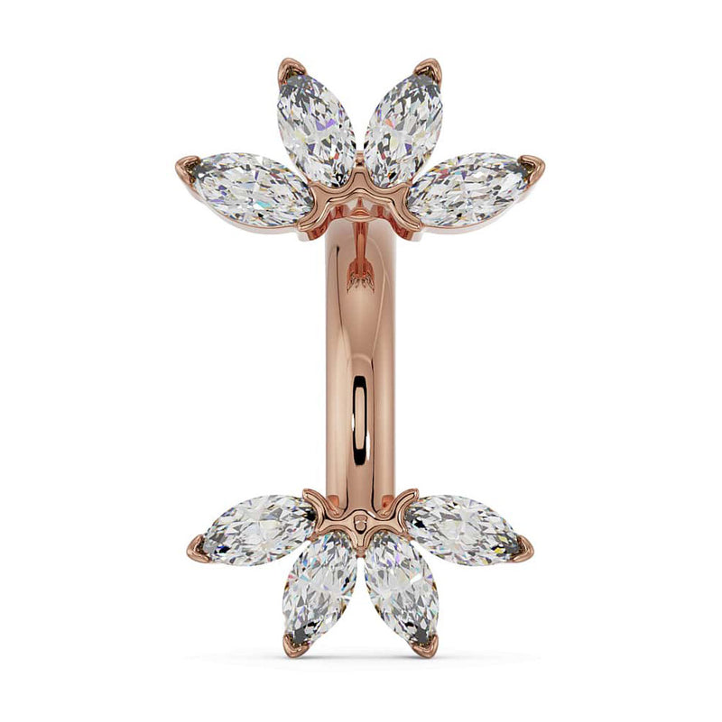 14k rose gold marquise fan belly ring with clear CZ marquise-cut fan charms, front view