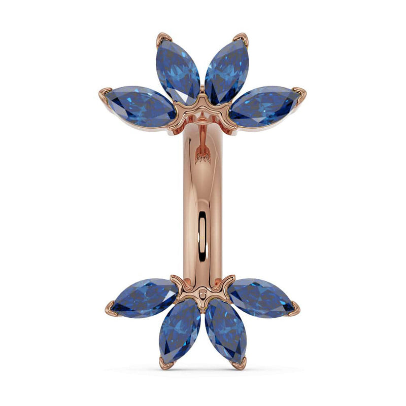 14k rose gold marquise fan navel ring with blue sapphire marquise gemstones, front view