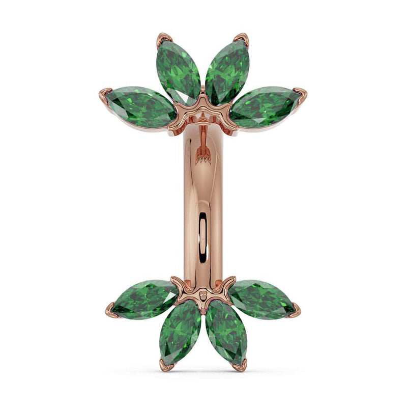 14k rose gold marquise fan navel ring with green emerald marquise gemstones, front view