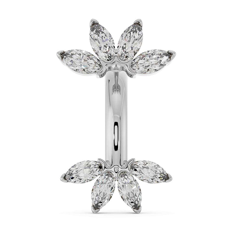 14k white gold marquise fan belly ring with sparkling clear CZ fan charms, front view