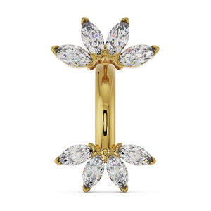 14k yellow gold marquise fan belly ring with clear CZ fan charms, front view
