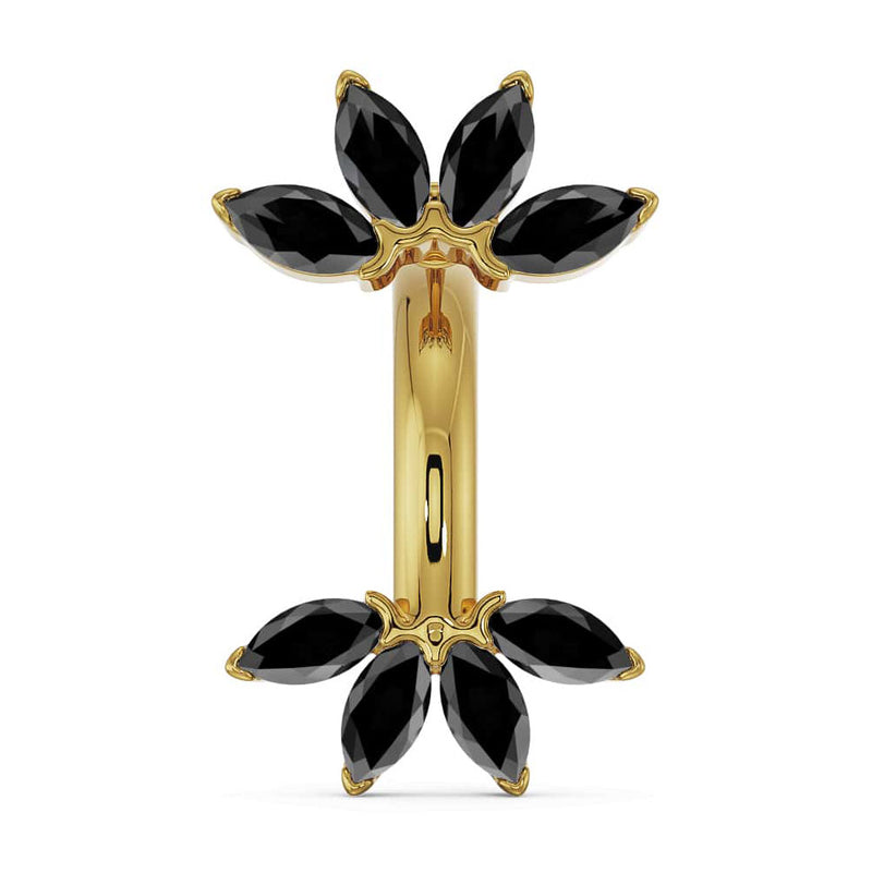 14k yellow gold marquise fan navel ring with bold black diamond marquise stones, front view