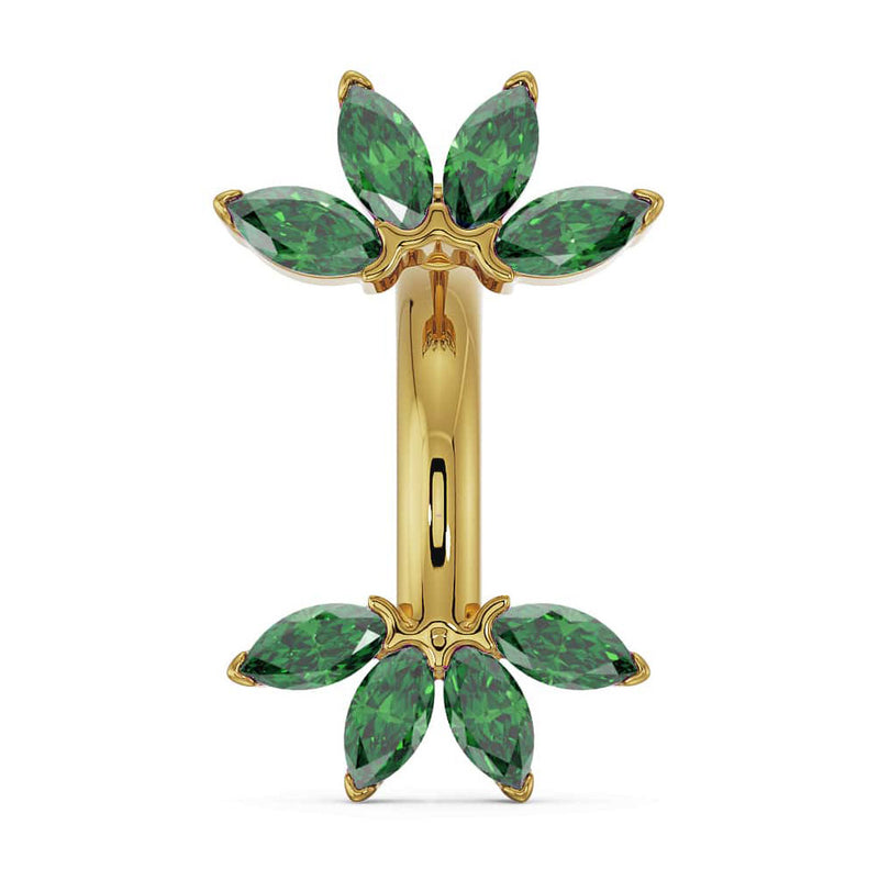 14k yellow gold marquise fan belly ring with vibrant green emerald marquise gemstones, front view