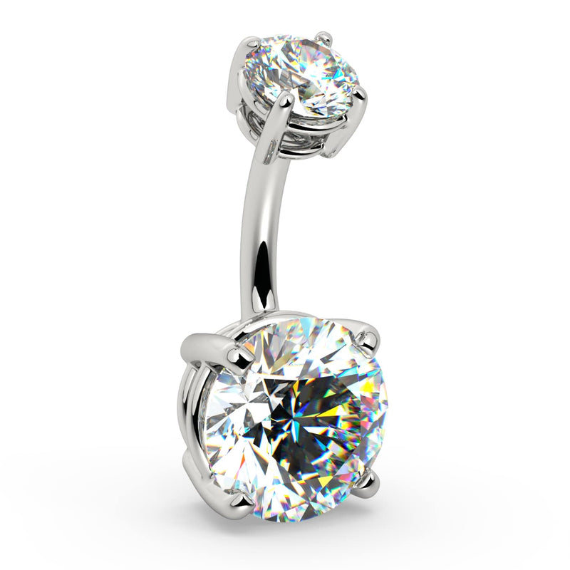 14k white gold GIA diamond navel ring with large round brilliant stone, angled side view