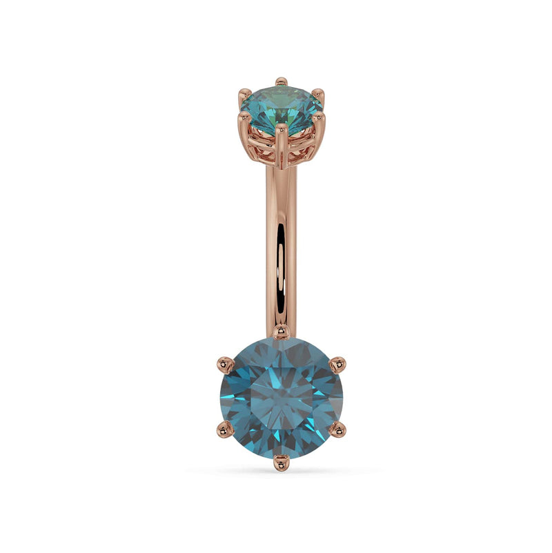 14k rose gold belly ring with dual blue topaz gems in six-prong settings, front view
