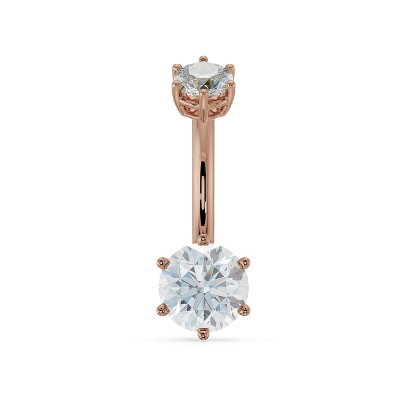 14k rose gold navel ring with dual moissanite gems in six-prong settings, front view