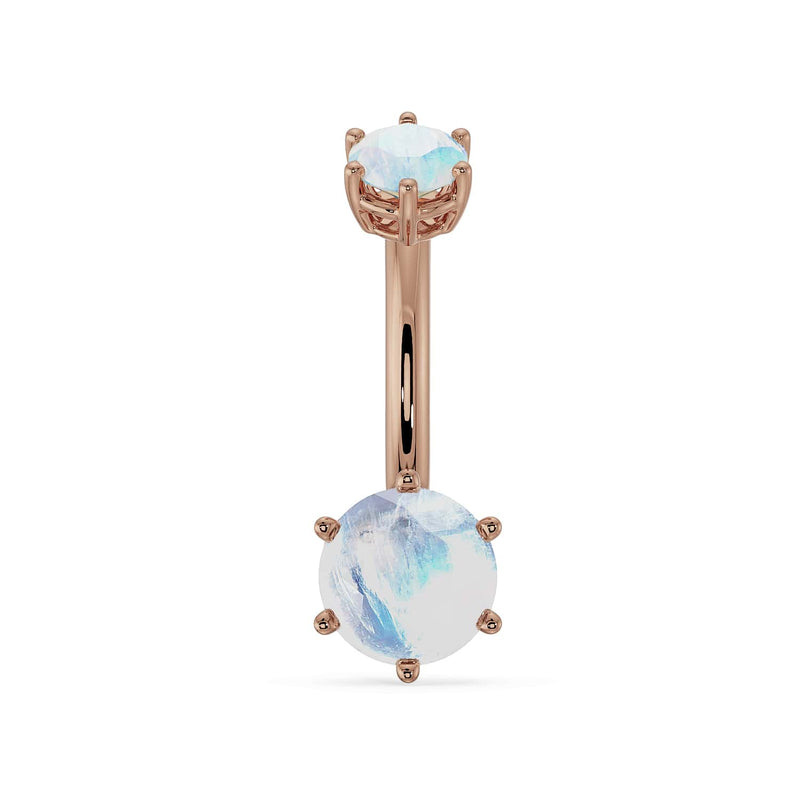 14k rose gold navel ring with dual moonstone gems in six-prong settings, front view