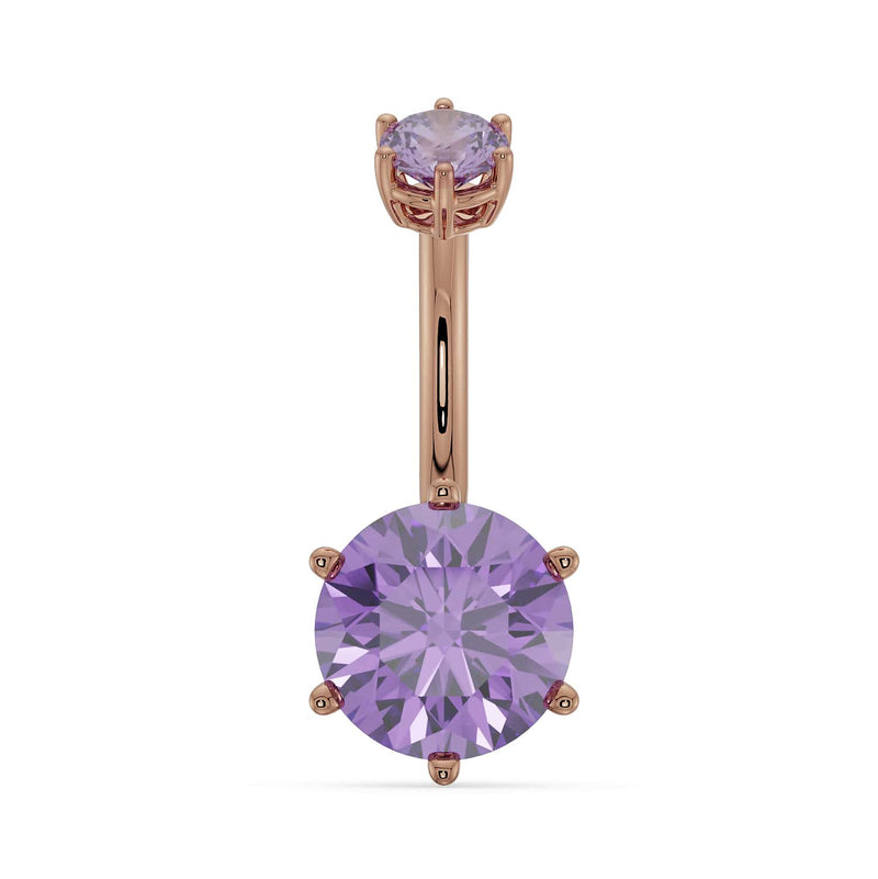 14k rose gold navel ring with 8mm round amethyst in six-prong setting, front view