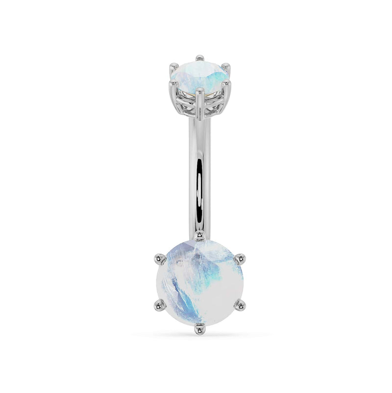 14k white gold navel ring with dual moonstone gems showing blue flash, front view