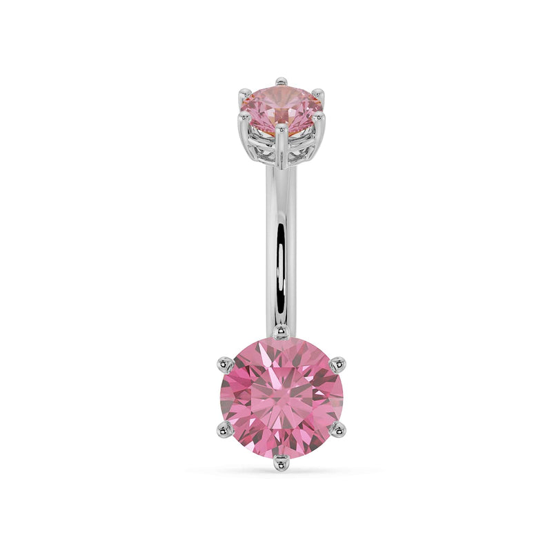 14k white gold belly ring with dual pink mystic topaz gems in six-prong settings, front view