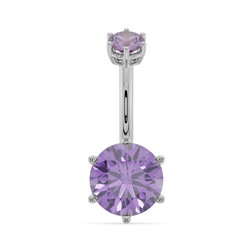 14k white gold navel ring with 8mm round amethyst in six-prong setting, front view