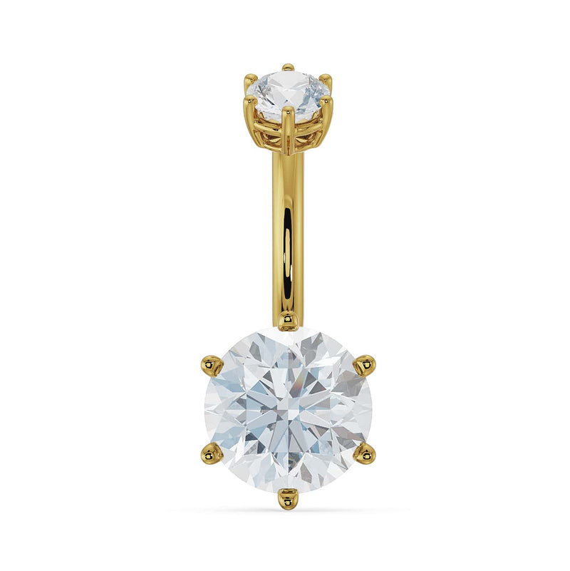 14k yellow gold belly ring with large 8mm round moissanite in six-prong setting, front view