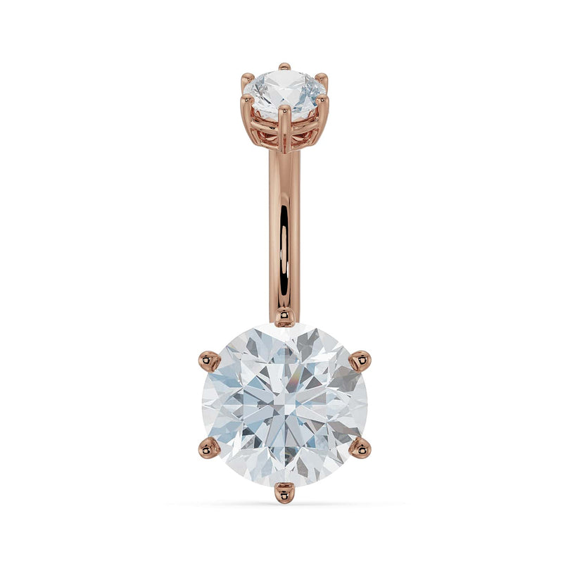 14k rose gold navel ring with large 8mm round moissanite in six-prong setting, front view
