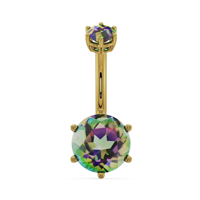 14k yellow gold navel ring with 8mm mystic topaz displaying vivid green-purple iridescence, front view
