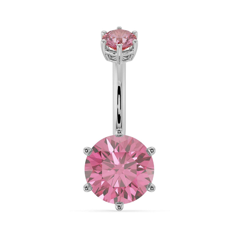 14k white gold belly ring with 8mm round pink mystic topaz in six-prong setting, front view