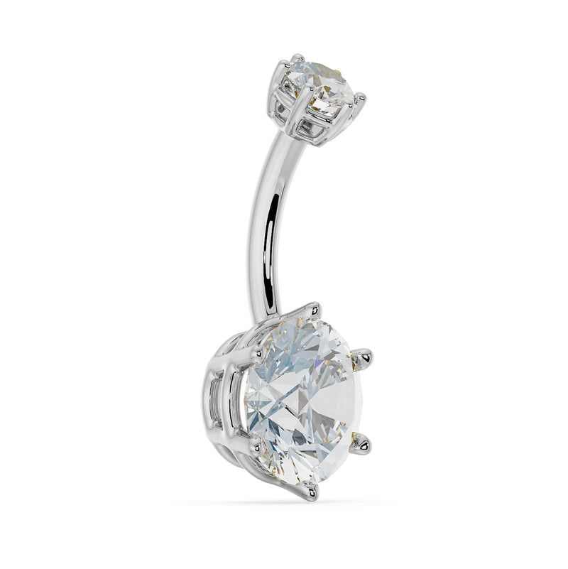 Side profile of 14k white gold Astra II belly ring with moissanite showing curved barbell and prong depth