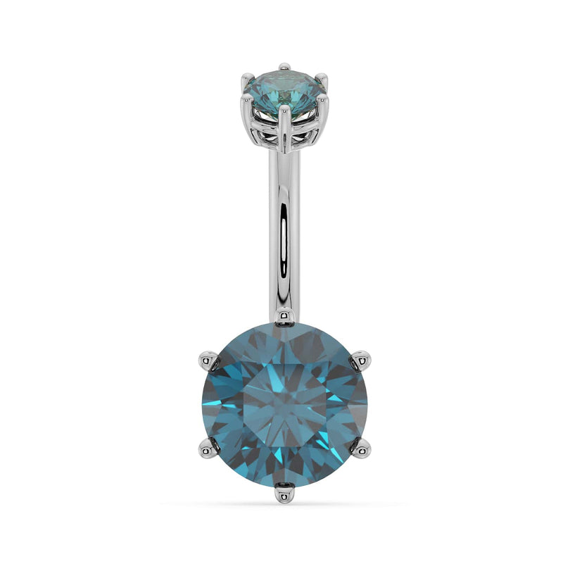 14k white gold belly ring with 8mm blue topaz round stone in six-prong setting, front view