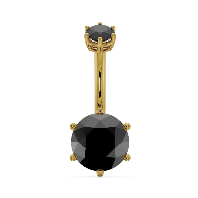 14k yellow gold navel ring with bold 8mm round black onyx stone in six-prong setting, front view