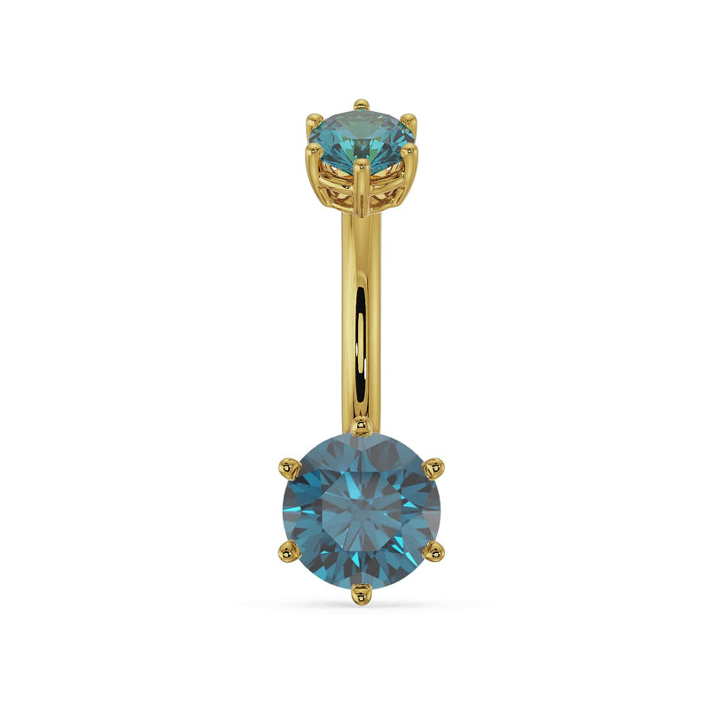 14k yellow gold belly ring with dual blue topaz gems in six-prong settings, front view