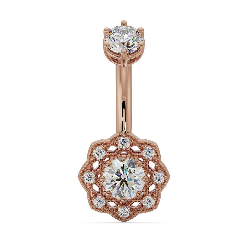 14k rose gold Celtic navel ring with all-white CZ stones set in milgrain filigree floral dangle, front view
