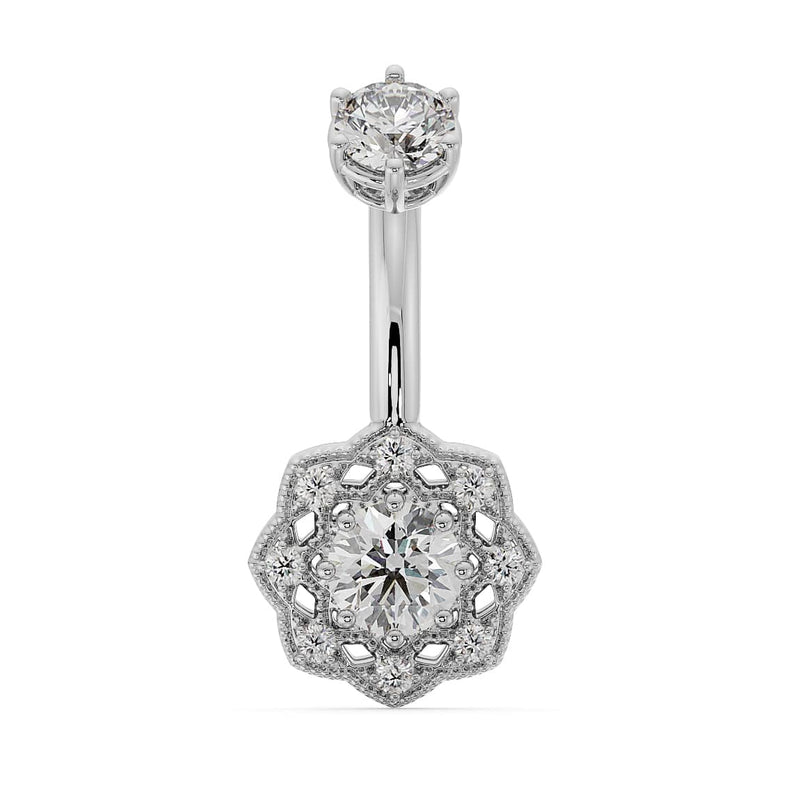 14k white gold Celtic belly ring with all-white diamond CZ stones and milgrain filigree flower charm, front view