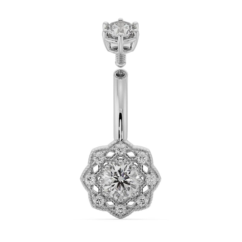 14k white gold Celtic belly ring with diamond and CZ stones, front view showing screw-top barbell detail