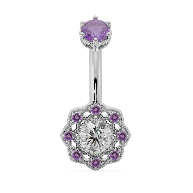 14k white gold Celtic navel ring with amethyst top stone and diamond center in ornate filigree flower dangle