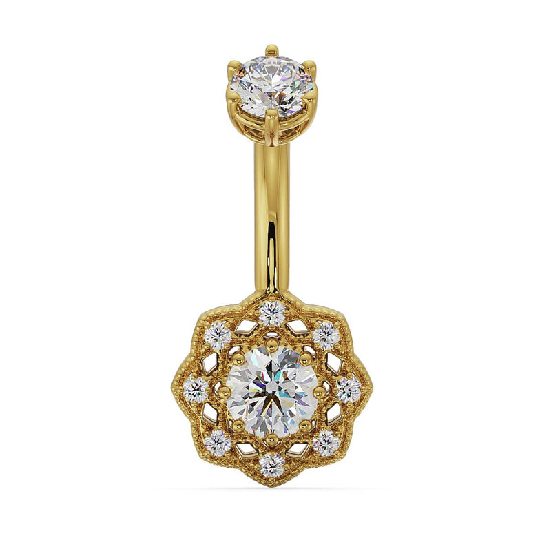 14k yellow gold Celtic navel ring with all-white CZ stones in milgrain filigree flower dangle, front view