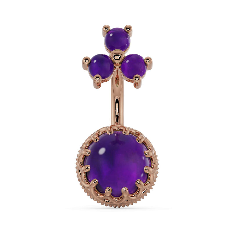 14k rose gold amethyst belly ring with crown setting and deep purple three-stone top, front view