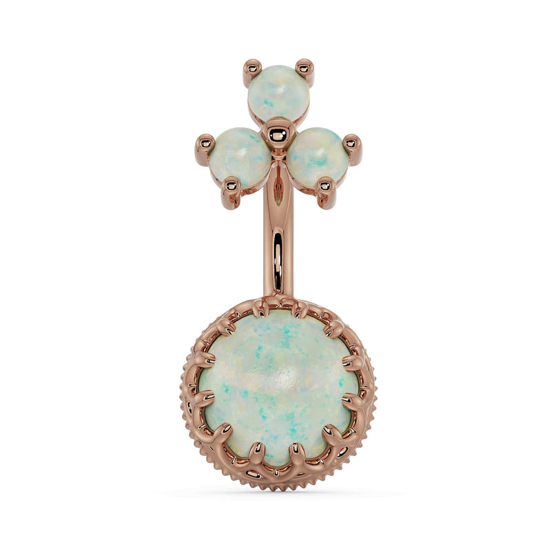 14k rose gold opal navel ring with crown-bezel bottom and three opal top stones, front view