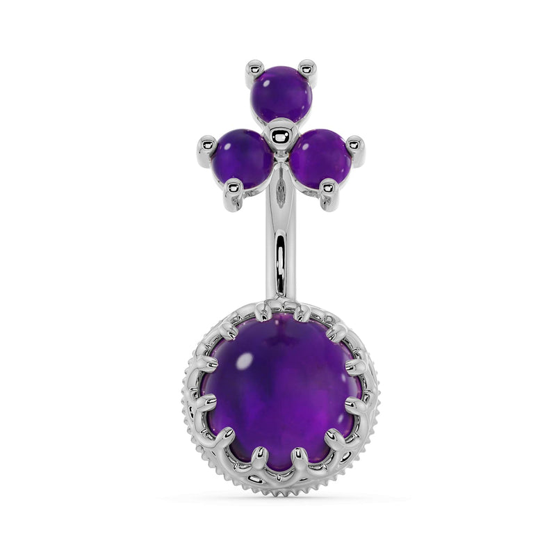 14k white gold amethyst belly ring with crown setting and purple three-stone top, front view