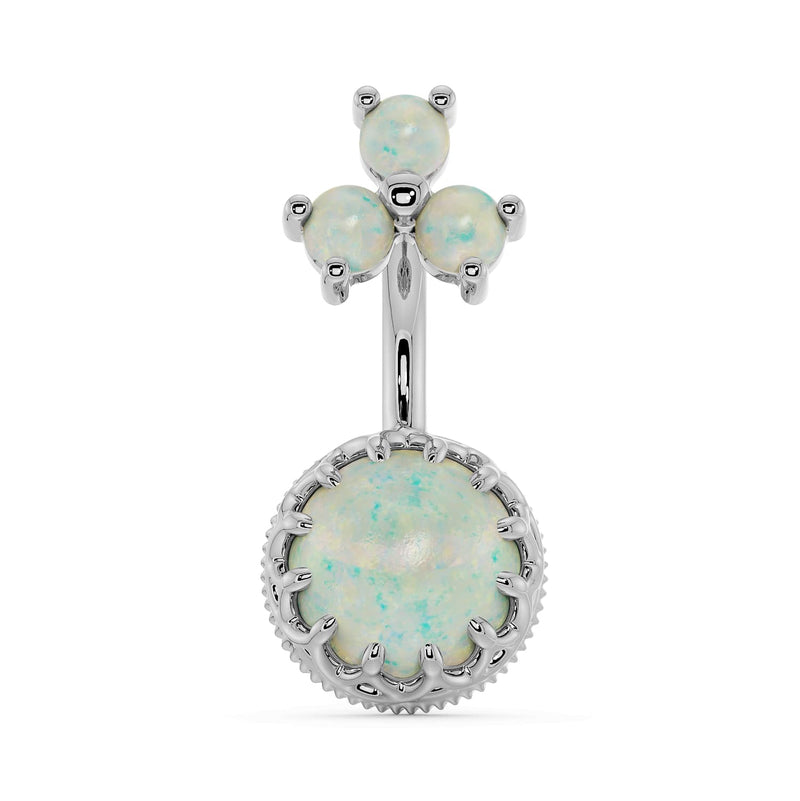 14k white gold opal navel ring with crown-bezel bottom and three-stone top cluster, front view