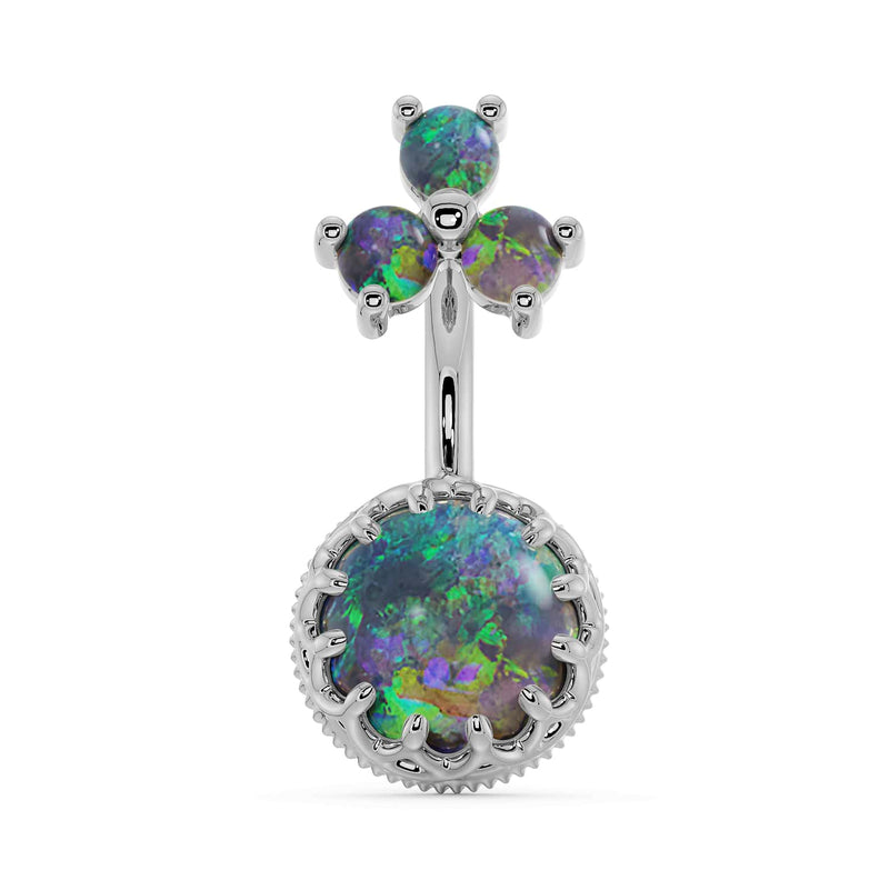 14k white gold black opal belly ring with multicolor flash in crown setting, front view