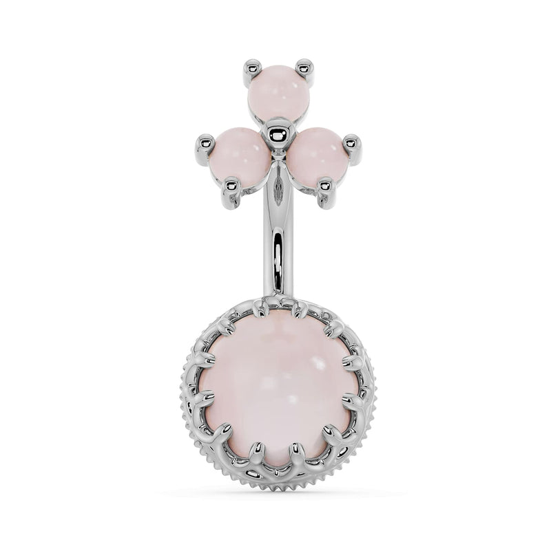 14k white gold rose quartz navel ring with crown-bezel bottom gem and trio top stones, front view