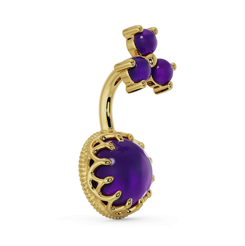Side profile of 14k yellow gold amethyst belly ring showing crown setting and curved barbell