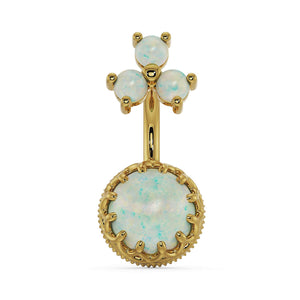 14k yellow gold opal belly ring with crown setting and trio top gems, front view