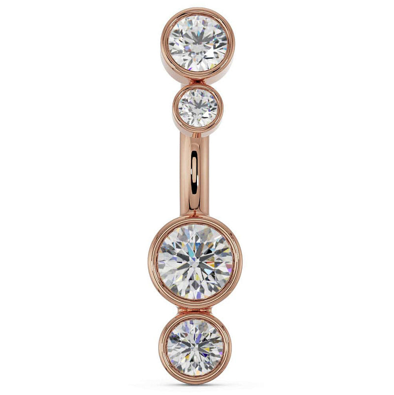 14k rose gold bubble bezel navel ring with four graduating CZ stones, front view