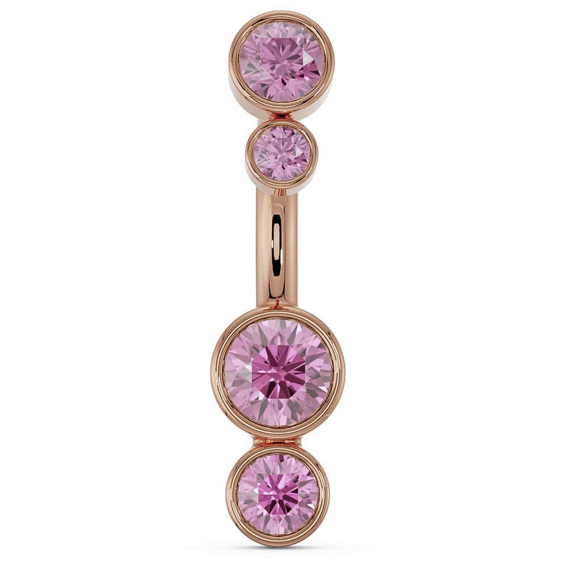 14k rose gold bubble bezel belly ring with four graduating pink sapphire stones, front view