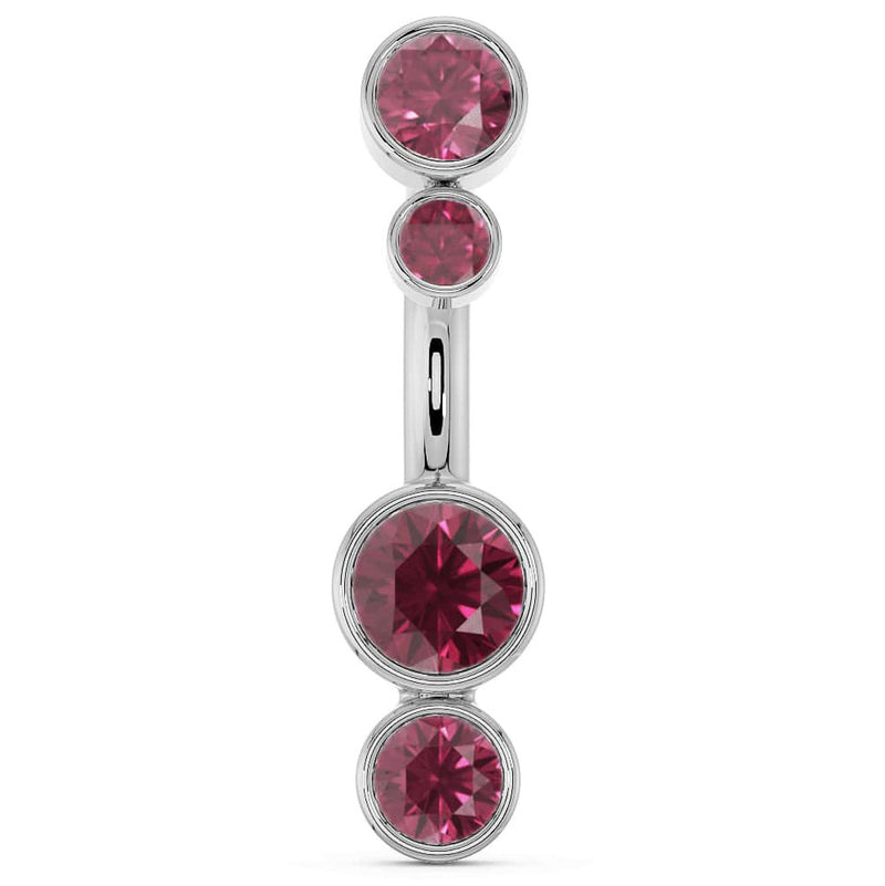 14k white gold bubble bezel navel ring with four graduating garnet-red gemstones, front view