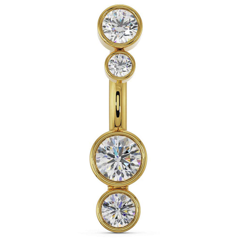 14k yellow gold bubble bezel navel ring with four graduating CZ stones, front view