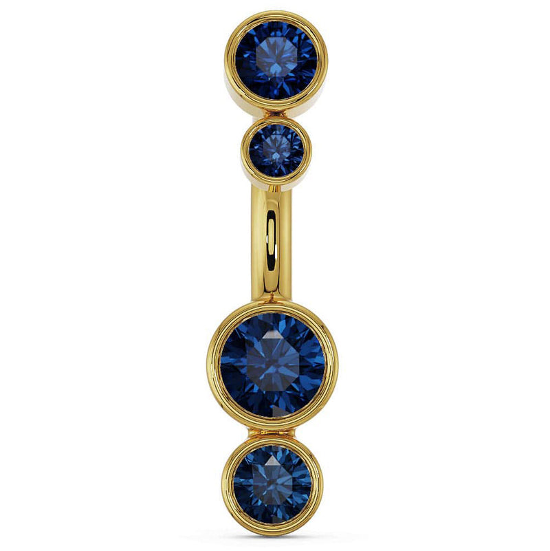 14k yellow gold bubble bezel belly ring with four graduating blue sapphire stones, front view