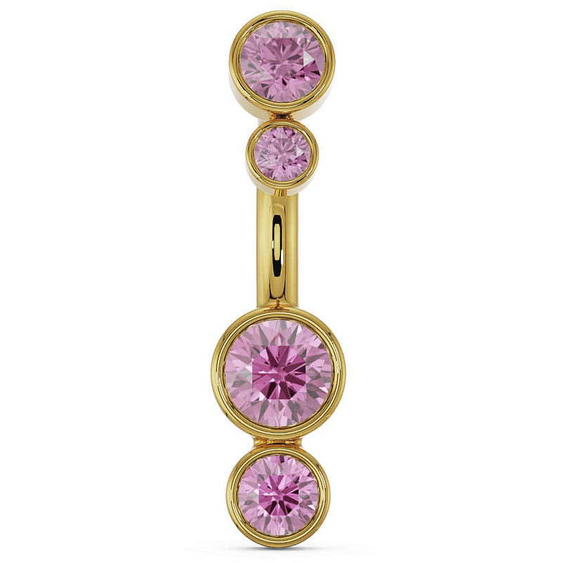 14k yellow gold bubble bezel navel ring with four graduating pink sapphire stones, front view