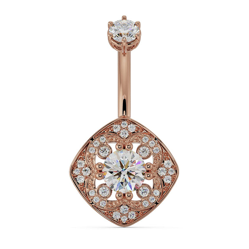 14k rose gold Fleur de Chance navel ring with white CZ stones and vintage milgrain filigree charm, front view