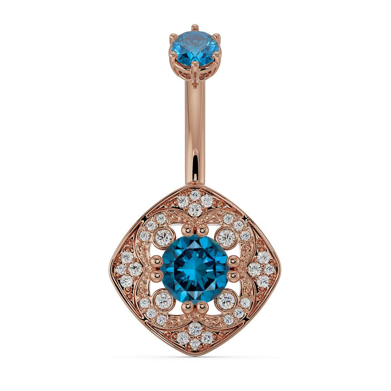 14k rose gold Fleur de Chance belly ring with blue diamond and CZ halo filigree charm, front view