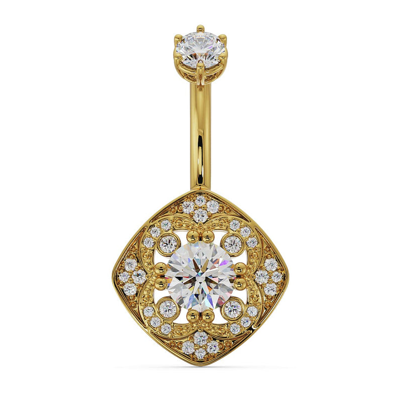 14k yellow gold Fleur de Chance belly ring with CZ, vintage filigree cushion charm, front view
